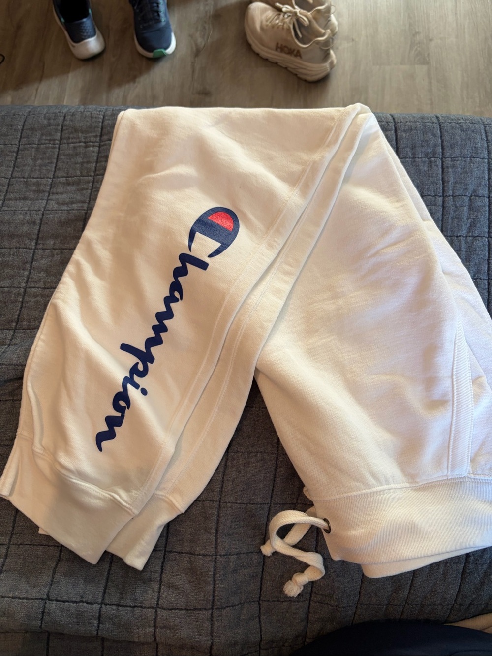 Champion White Sweatpants with Blue and Red Logo
